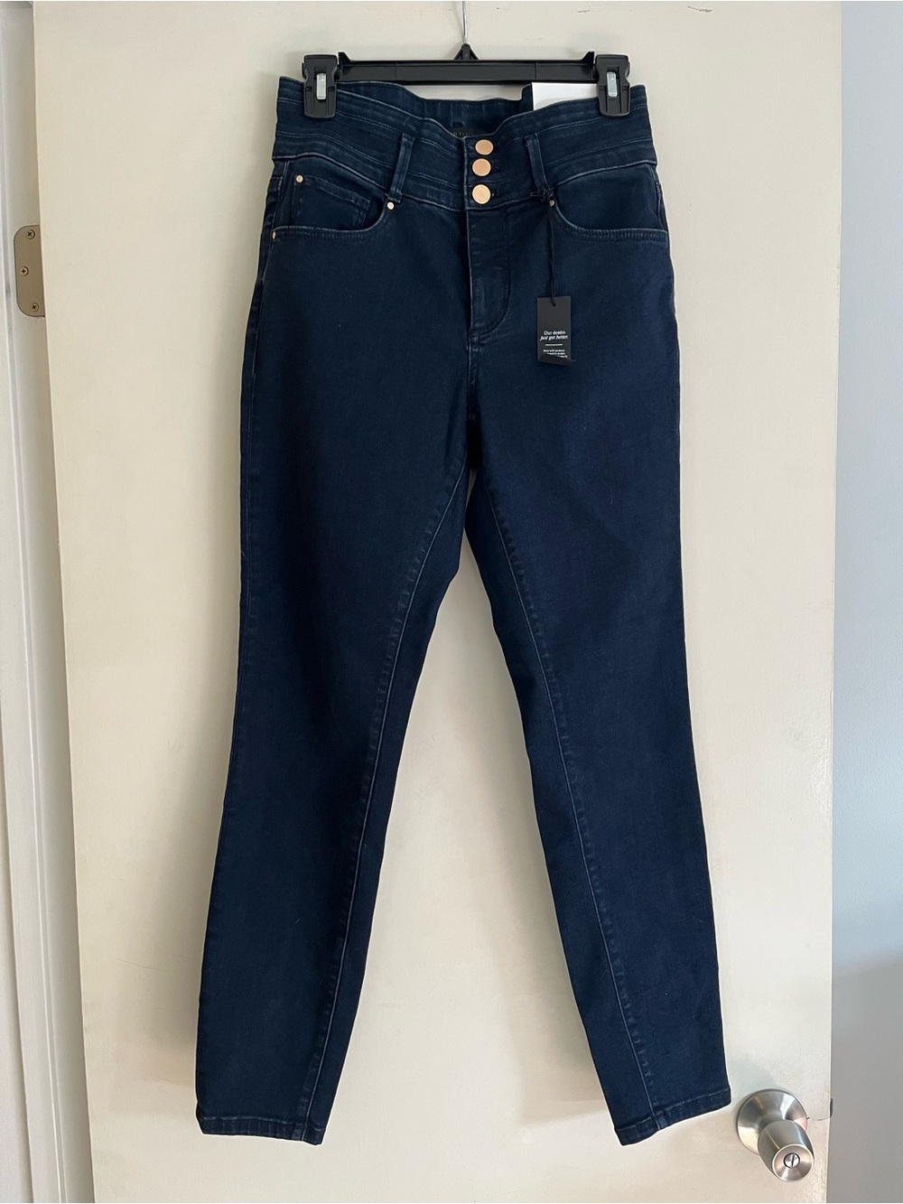 Ann Taylor Slim High-Rise Navy Skinny Jeans with Triple-Button Waist